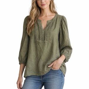 Nanette Lepore Womens Blouse Lined Peasant Boho Crochet V- Neck Green Top Size M
